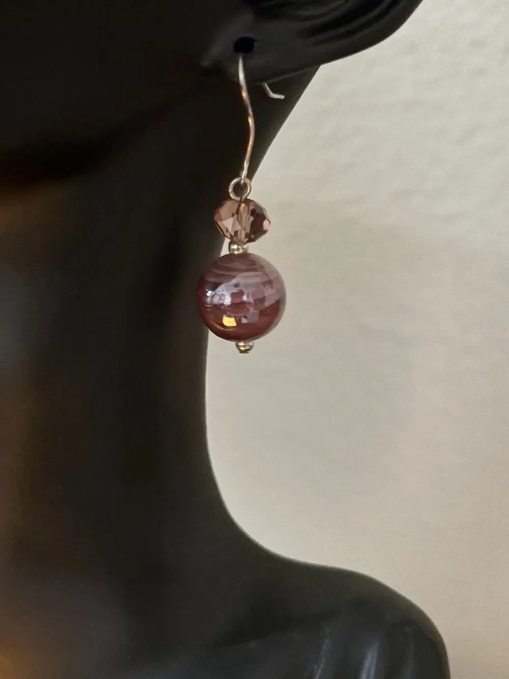 Vintage Pink Stone Purple Bead Fashion Earrings, Dangle Earrings Handmade